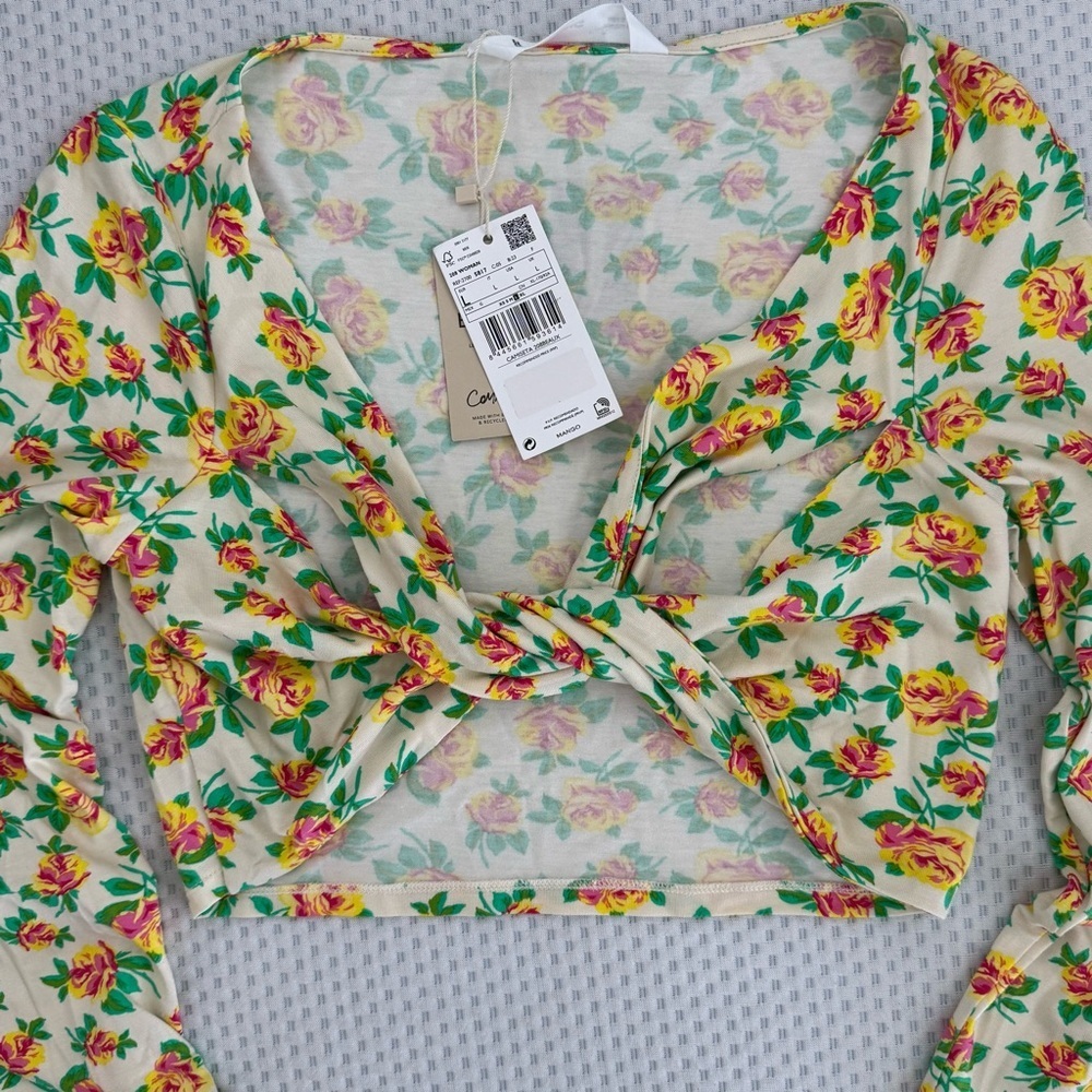 MANGO Women’s Bright Floral Printed Knot Long Sleeve Crop Top Size Large - Picture 13 of 13
